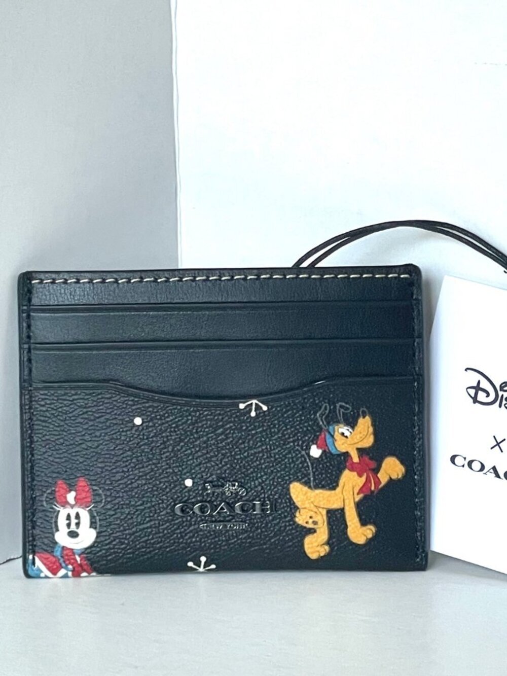 Disney x Coach Slim ID Card Case Minnie Pluto Holiday Black Leather CN032